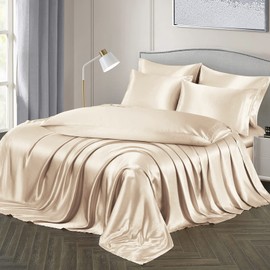 Ersmak 7 Pieces Satin Sheets Set King Size, Luxury Silky Beige Satin Bed Sheets Set with 1 Deep Pocket Fitted Sheet, 1 Soft Flat Sheet, 4 King Pillowcases and 1 Body Pillowcase