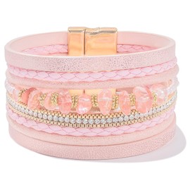 FANCY SHINY Turquoise Leather Wrap Bracelets Boho Beaded Cuff Bracelets Stackable Crystal Bangle with Magnetic Clasp Trendy Jewelry for Womend(Pink)