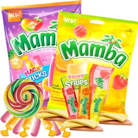 Mamba Candy Strips and Fruit Chew Sticks, Individually Wrapped Fruit Flavored Chewy Candies, Mixed Flavors Assortment Bags, Pack of 2, 6.3 Ounces