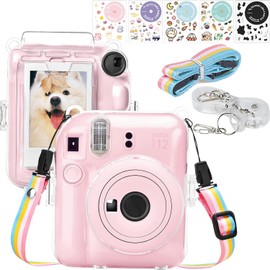 Funda Transparente Compatible con Fujifilm Instax Mini 12,Funda para Cmara con 2 Correa de Hombro Ajustable y 5 Pegatinas decorativas,Para guardar fotos y proteger Funda de mini 12