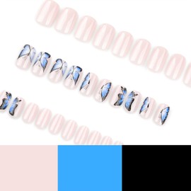 Tyuimhx Butterfly Press on Nails Short Square Fake Nail with Glitter Designs Butterflies False Nails Acrylic Glossy Full Cover Nails Press ons Nude Artificial Stick on Nail for Women 24 Pcs