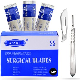 VISION TEK MED Pack of 100 Blades #20, Scalpel Blades for Knife Scalpel, High Carbon Steel Dermablade Blades. Individually Wrapped, Sterile + Free 1 Handle #4