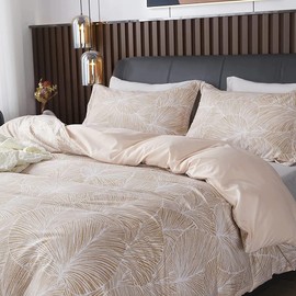 Nayoroom Bed Linen 140 x 200 cm, Duvet Cover Set with Beige Leaves Pattern, Microfibre Tropical Palm Leaves Reversible Bedding Set with Zip and Pillowcase 70 x 90 cm