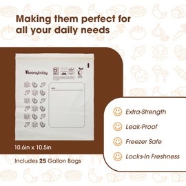Moonybaby Compostable Gallon Size Food Storage Bags (25 Count), Organic Food Storage Container with Food-Safe Zip Seal, Freezer and Leak Proof