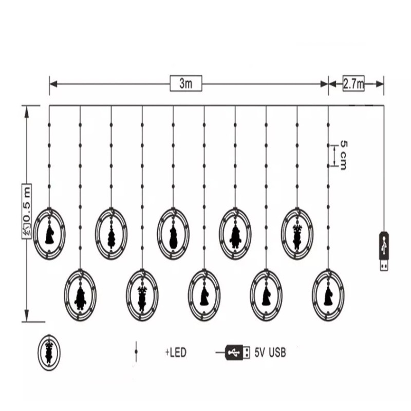 KH Serie Luces Navideñas Aros Con Figuras Cortina Navidad Luz