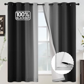 COSVIYA 100% Blackout Black Ombre Curtains for Bedroom with White Back, 2 Thick Layers Thermal Insulated Room Darkening Grommet Window Panels, 52x63 Inch, 2 Panels