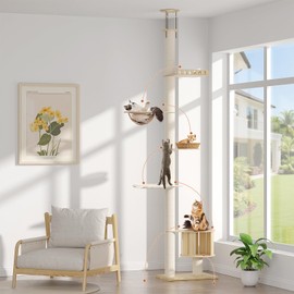 Solid Wood & Engineered Panel Floor to Ceiling Cat Tree, 5-Tier 112.2"-122" Adjustable Tall Cat Tree with House and 4.72in Natural Sisal Columns, Reinforced Base & Minimal Vibration Cat Tower