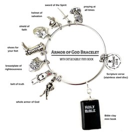 Armor of God Stainless Steel Charm Bracelet Adjustable Bangle Scripture Verse Christian Gift for Her (with Bible Book Bead)
