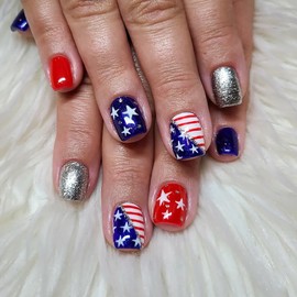 24pcs 4th of July Press on Nails Short Square American Flag Fake Nails with Silver Glitter Designs Independence Day Star False Nails Glue on Nails Red Blue Full Cover Stick on Nails for Women