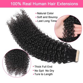 60pcs Curly Tape In Hair Extensions Human Hair 3c 4a Kinky Curly Tape Ins for Black Women Full Head Invisible Seamless Tape in Extensions Real Human Hair Natural Color 22 Inch