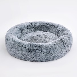 Pisi Bili Cat Bed Round 50 cm Washable Removable Cover Plush Fluffy Orthopaedic Cushion Small Dogs Puppies Doughnut Cat Basket Cuddly Bed Grey