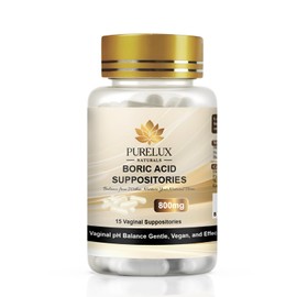 PureLux Naturals Boric Acid Vaginal Suppositories 800mg 15 Count Size 000 Travel-Friendly Feminine Hygiene Odor Control pH Balance Support Made with Premium Ingredients No Added Fragrance