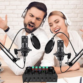 Podcast Equipment Bundle for 2, V8s DJ Mixer Voice Changer with BM-800 Podcast Microphone Bundle - Studio Condenser Microphone Perfect for Podcasting, Recording, Singing, Streaming and Gaming