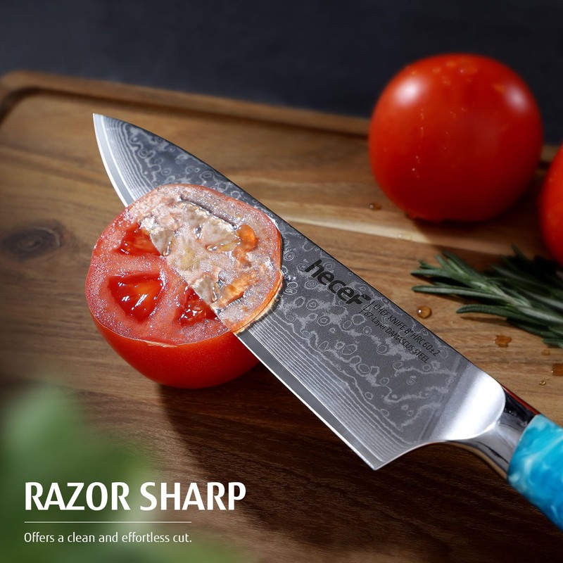 hecef Damascus Chef Santoku Knife, High Carbon Stainless Steel Ultra