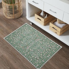 Urtlmaji Green Bathroom Rug Funny Washable Bath Mat for Bathroom Non Slip, Boho Soft Shaggy Distressed Cute Bird Floral Bath Rug for Toilet Shower Sink, 18x26 inch