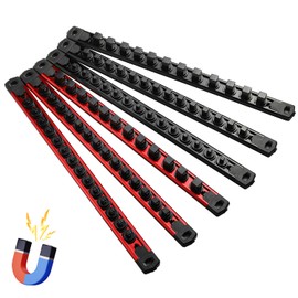 Reniteco Magnetic Socket Organizer, 6-Piece Heavty Duty Aluminum Socket Holder, Socket Rail for Tool Box, Premium Quality 360° Swivel Socket Rack Kit with 80 Clips for 1/2, 3/8, 1/4-Inch(Red&Black)