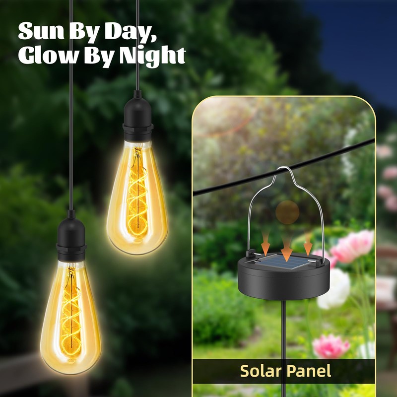 Solar-Powered Edison Hanging Lanterns – Vintage Amber Glass, IP65 Waterproof,