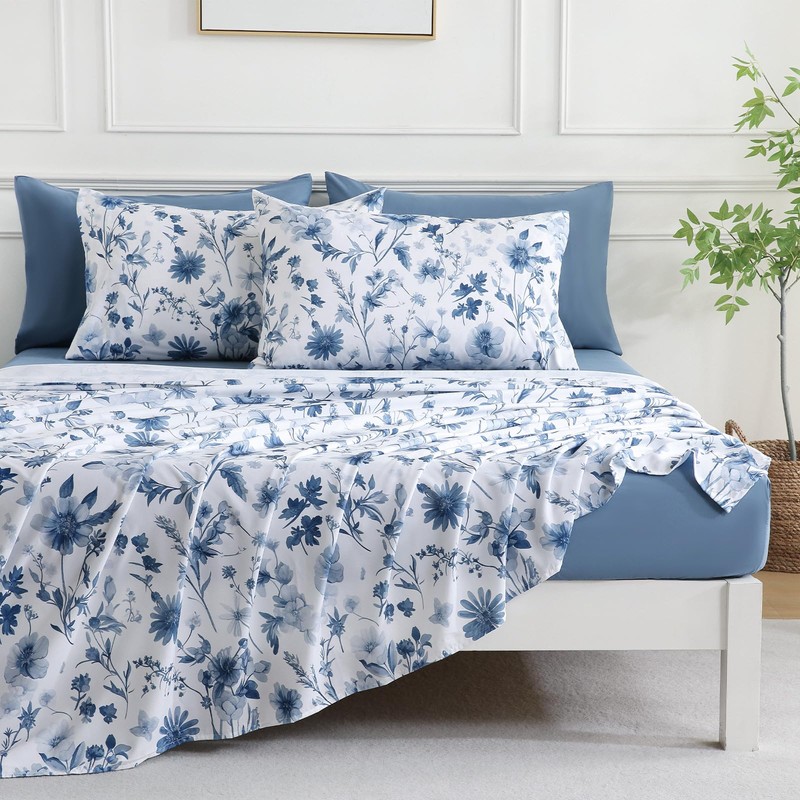 Botanical 6-Piece Queen Bed Sheets Set, Boho Floral Print Brushed