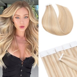 22 inch SEGO Tape in Hair Extensions Human Hair [2.5g*20pcs] #18/613 Ash Blonde&Bleach Blonde 100% Remy Real Invisible Hairpieces for Women Skin Weft Seamless Straight Balayage (50g)