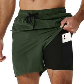 SlowTon Traje de Baño Hombre 2 en 1, Bañador de Secado Rápido con Bóxer de Compresión, Shorts de Baño con Bolsillos con Cremallera y Cordón Ajustable para Playa Natación Piscina Correr (L, Verde)