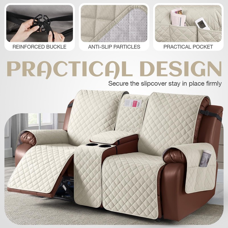 KinCam 100% Waterproof Loveseat Recliner Cover with Console, Non-Slip Reclining