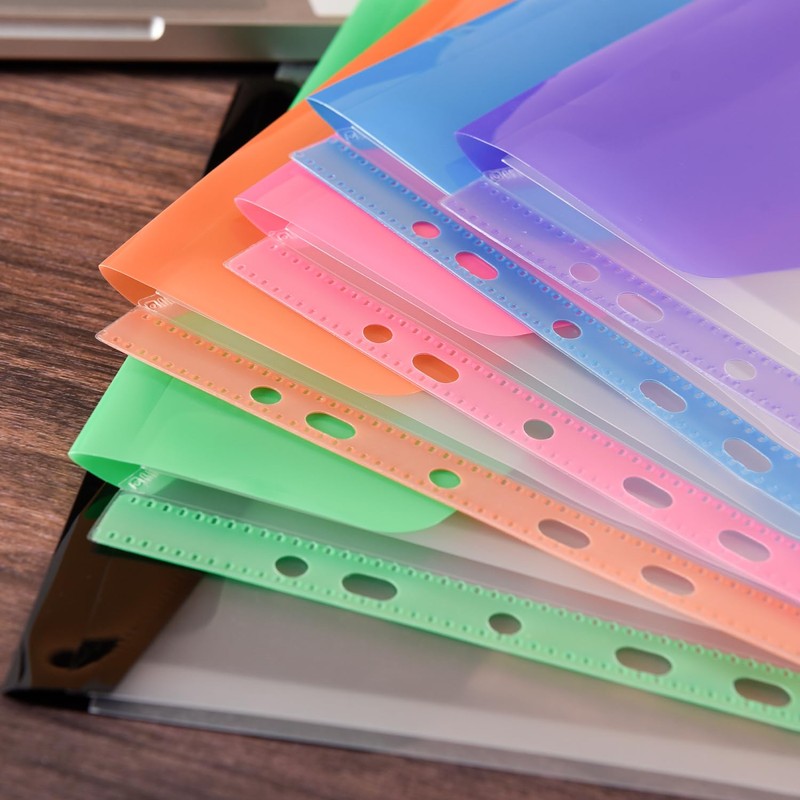 6 Pack Plastic Wallets A4 Punched Pockets, Expandable Poly Pockets