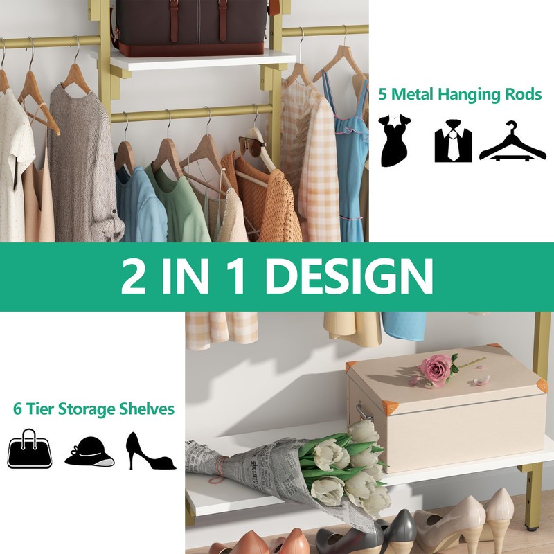 Auromie Gold Wall Mounted Clothing Rack with 5 Hanging Rods,