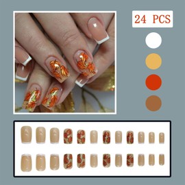 Fall Press on Nails Short Square White French Tips Fake Nails Glossy Gold Glitter Maple Leaf Autumn And Winter Designs False Nails Full Cover Sparkly Leaves for Women Thanksgiving Manicure 24Pcs