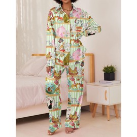 Ekouaer Womens Satin Silky Pajama Set 2 Piece Print PJs Soft Loungewear Button Down Sleepwear with Elastic Waist Long Pants Yellow Leopard M