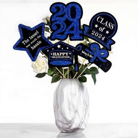 Blue Graduation Centerpieces for Tables, 5 Pcs Double Sided Glitter 2024 Graduation Party Centerpiece Sticks Table Toppers for Class of 2024 Graduation Party Decoration Party Supplies 2024 Blue Card
