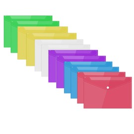 Document Wallet A5, Transparent Plastic, 12 Pack A5 File Pockets with Press Stud, Document Folders A5, Document Folder A5 Transparent, Colourful Document Bag, Document Bag with Press Stud
