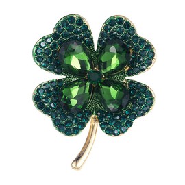 Rhinestone Green Clover Leaf Brooch Pin for Women Girls Unisex Gold Plated Vintage Crystal Flower Brooches Lapel Pins Luck Decor Dress Accessories St Patrick's Day Holiday Christmas Jewelry Gift