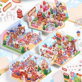4PCS New DIY Sticker Scene, Christmas Gift 3D House Stickers with Tweezers, Cute Korean Cartoon Scene Stickers Suitable for Adults and Children to Relieve Stress, Mini Isometric Room Stickers