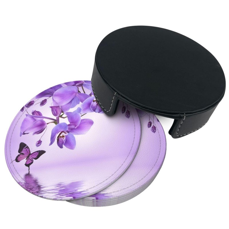 Famame 6 Pcs Orchid Purple Butterfly Leather Coasters for Drinks