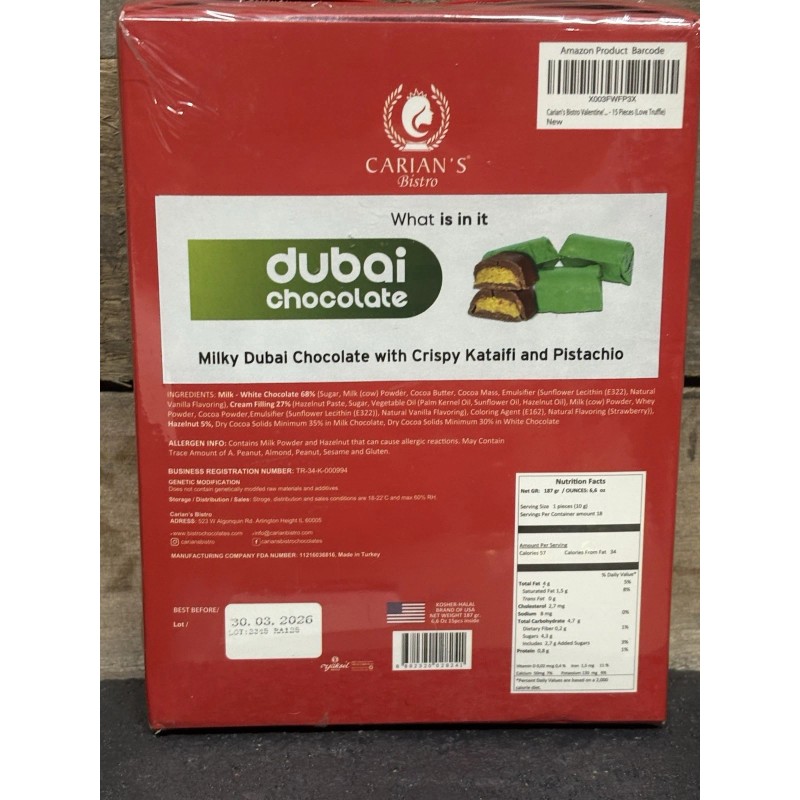 Carian’s Dubai Chocolate Bar Pistachio Cream & Kadayif 6.6 Oz
