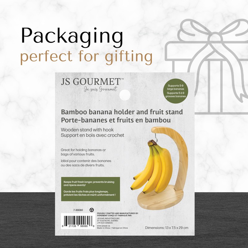 JS Gourmet Bamboo Banana Stand with Stainless Steel Hanging Hook,