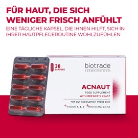 Biotrade Acnaut Skin Supplement for Normal Skin - Hair and Nails Supplement for Women & Men with Vitamins, Minerals & Brewer's Yeast - 30 Capsules
