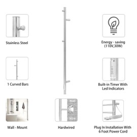 KEG Towel Warmer Wall Mounted 43-Inch Single Towel Bar with Built-in Timer, Electric Stainless Steel Heated Towel Racks for Bathroom, Brushed Nickel