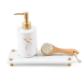 Razborci Water Absorbing Stone Sink Caddy Kitchen Sink Organizer Tray, Diatomite Bathroom Counter Tray, Gold Faucet Drying Mat Coaster Soap Dish Rack Riser Dispenser Sponge Holder, White 10" x 4"