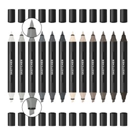 Molotow Sketcher Twinmarker Grey Kit 1 (Brush Tip & 3 mm Chisel Tip, Colour-Intensive Aqua Pro Ink, Quick-Drying, for Use on Paper) 12 Pens in Warm Grey Tones