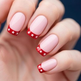 24Pcs 4th of July Press on Nails Short Fake Nails Red French Tip Nails Independence Day Designs Pink False Nails Glossy Patriotic Gel Acrylic Nails Short Glue on Nails Star Stick on Nails for Women