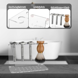 Beautyflier Safety Razor Stand, Clear Acrylic Razor Holder and Shaving Brush Stand, Men's Travel Shaver Stand Compatible with Most Razors and Brushes, Holds 3 Razors and 1 Brush (Stand Only)