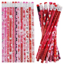 SETRUE 48 PCS Valentines Wood Pencils with Eraser, Bulk for Kids, 12 Styles
