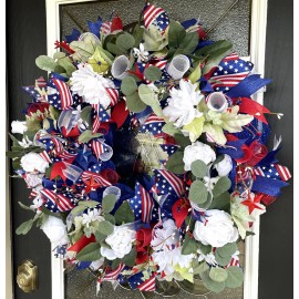 Janeva's Pretty Things XL Rose & Dahlia Patriotic 4th of July Memorial Day Deco Mesh Front Door Wreath