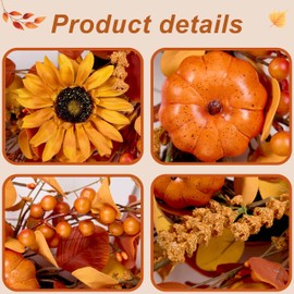 WSTPUPU Fall Wreath 22 Inch Fall Wreaths for Front Door Autumn Wreaths with Orange Pumpkin Sunflower Eucalyptus Leaves and Berries for Porch Farmhouse Thanksgiving Harvest Festival Celebration