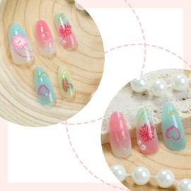 30Pcs Summer Beach Shell Press on Nails Medium Almond, 3D Flower Butterfly French Tip False Nail, Glossy Handmade Full Cover Fake Nails, Reusable Acrylic Stick on Nails for Women Girls DIY Manicure