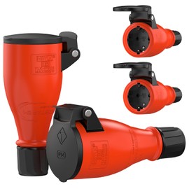 RedStar24 Schuko Coupling 230 V IP54 Set of 4 Robust Sockets, 3-Pin, Rubber & Plastic, Black Red, Automatic Spring Cover, One-Handed Operation, Ideal Outdoor Applications