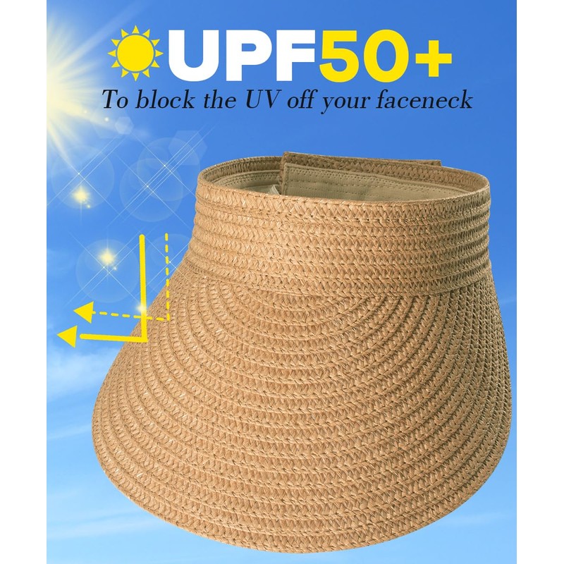 Womens Straw Sun Visor Hat Foldable Beach Visors Hat for