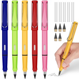 OFFCUP Metal Inkless Pencils, Pack of 5 Inkless Pencil with Eraser, Magic Pencil with 5 Interchangeable Heads, Clear and Liquid Writing for Adults, Students, Artists (Colour)