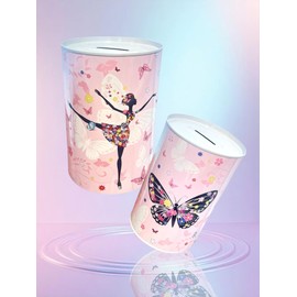 Dekorative Spardose für Kinder, Teenager, mit tanzender Fee, meditierend, Schmetterlinge und Blumen, Rosa, 15 x 10 cm (tanzende Fee)